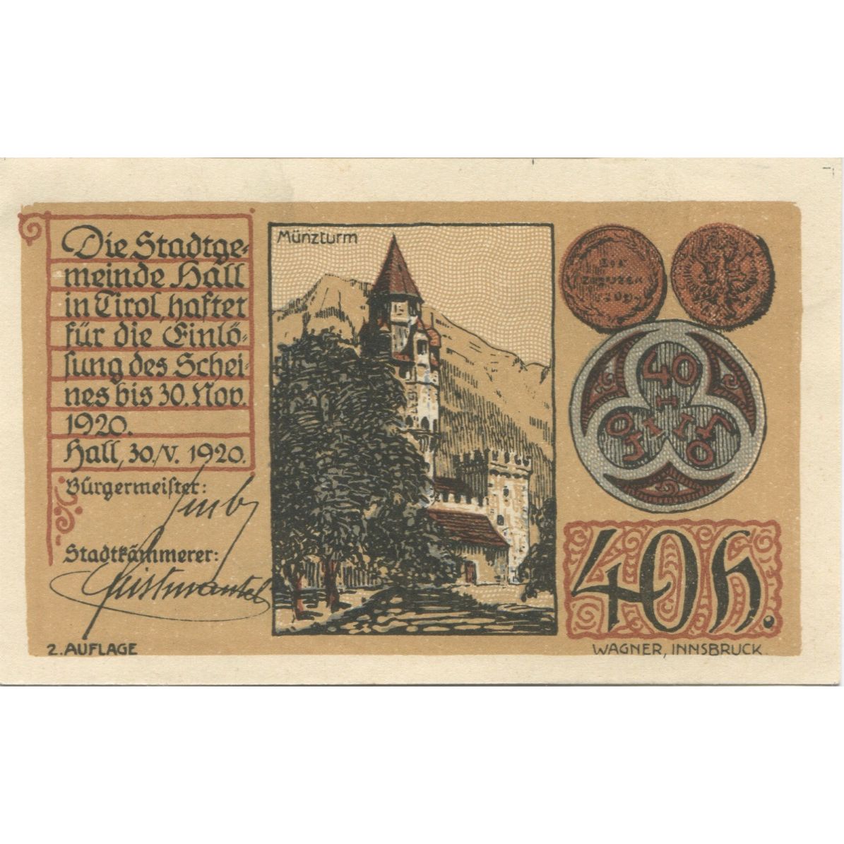 Billete, Austria, Hall, 40 Heller, Eglise, 1920, 1920-11-30, SC, Mehl:FS 342IIb
