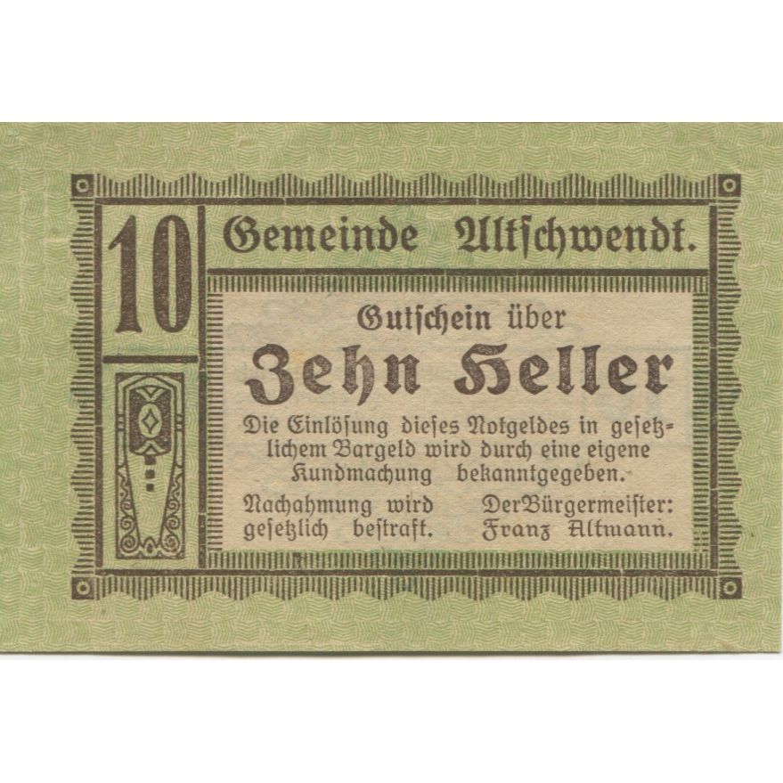 Banknote, Austria, Altschwendt, 10 Heller, 1920, UNC(63) Mehl:FS 35Ia