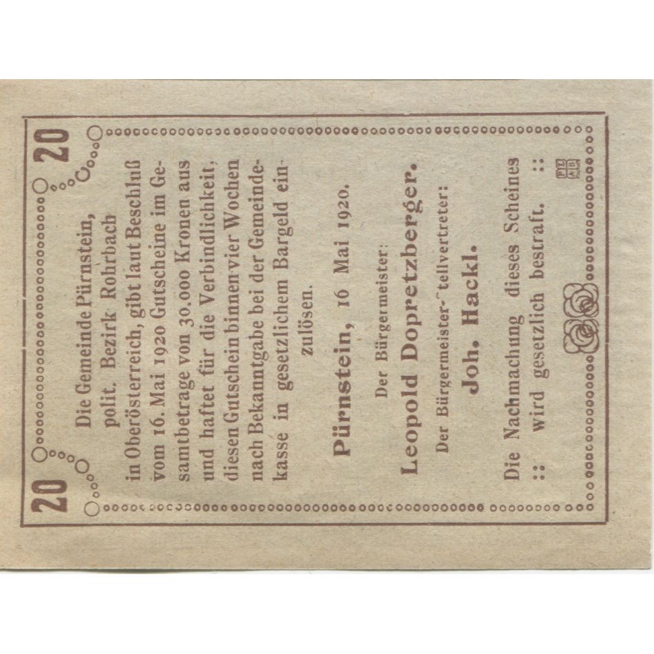 Banknote, Austria, Pürnstein, 20 Heller, Mine, 1920, UNC(63), Mehl:FS 802a