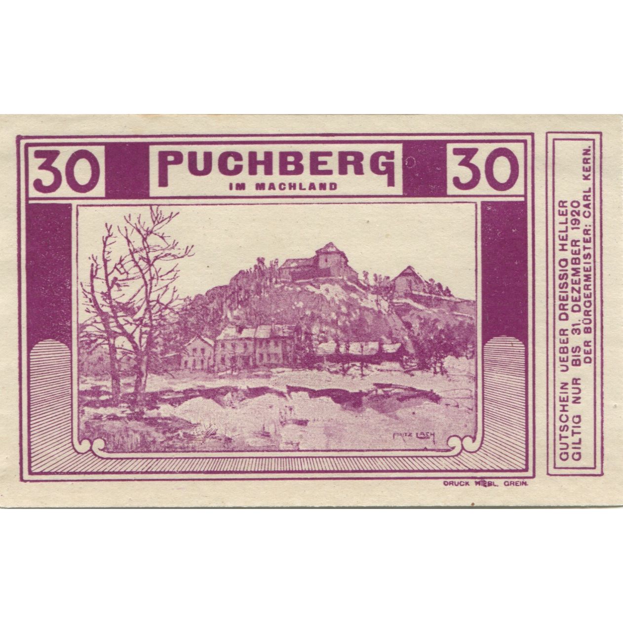 Banknote, Austria, Puchberg, 30 Heller, village, 1920 UNC(63) Mehl:FS 787a