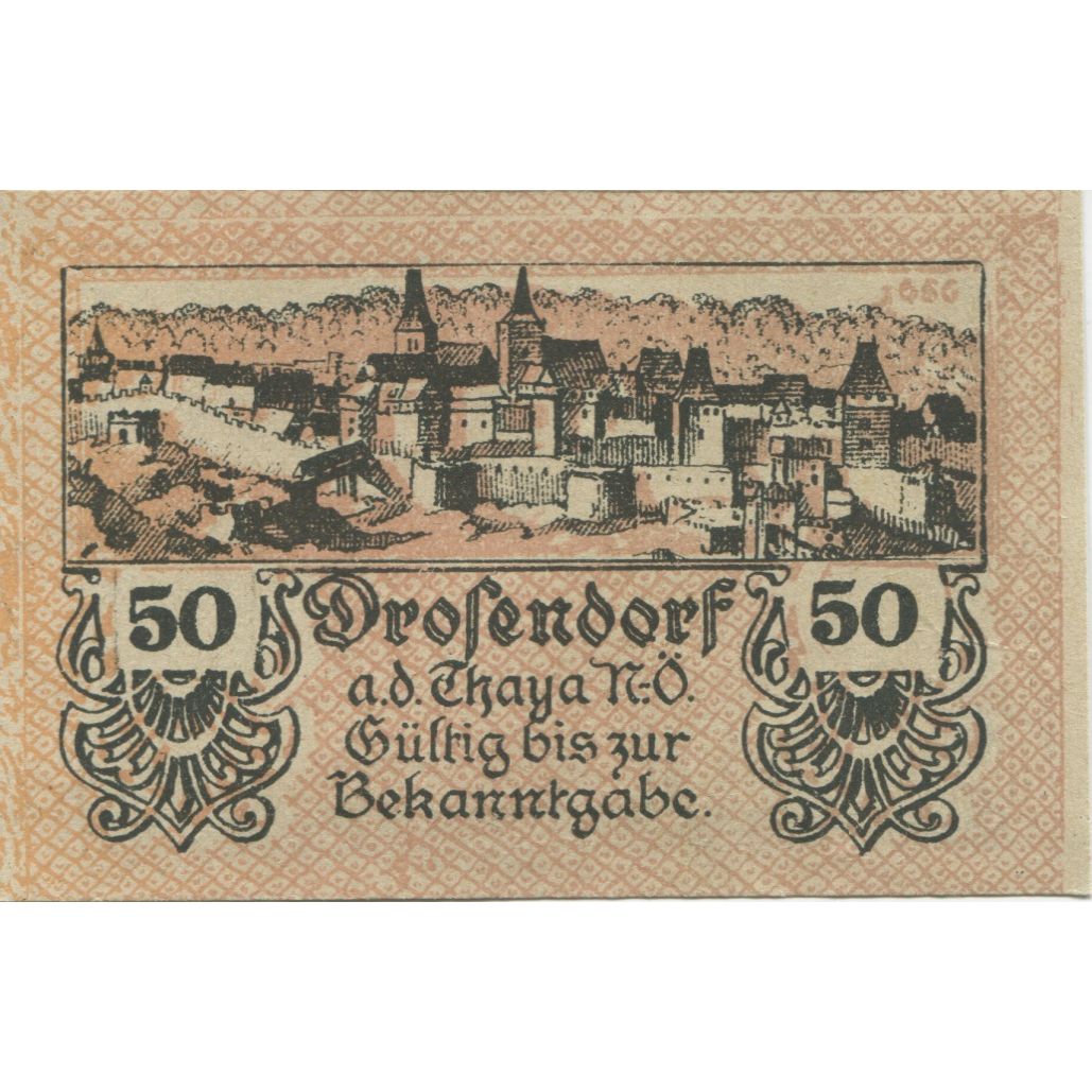 Billete, Austria, Drosendorf, 50 Heller, Monument, 1920, SC, Mehl:FS 134a