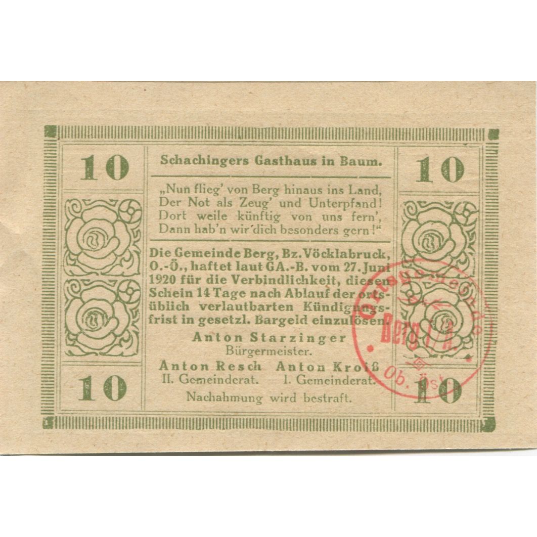 Billete, Austria, Berg, 10 Heller, ruelle, 1920, SC, Mehl:FS 81a