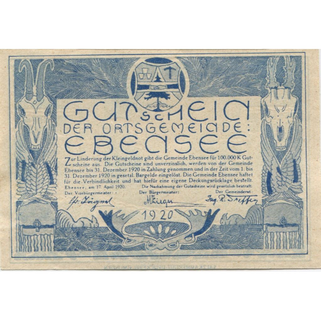 Banknote, Austria, Ebensee, 50 Heller, personnage, 1920 UNC(63) Mehl:FS 143