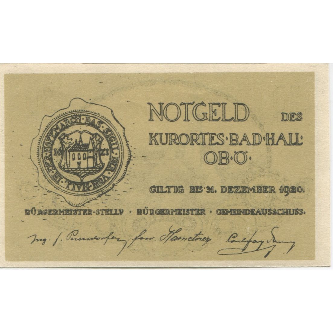 Banknote, Austria, Bad Hall, 50 Heller, village, 1920 UNC(63) Mehl:FS 76Ia