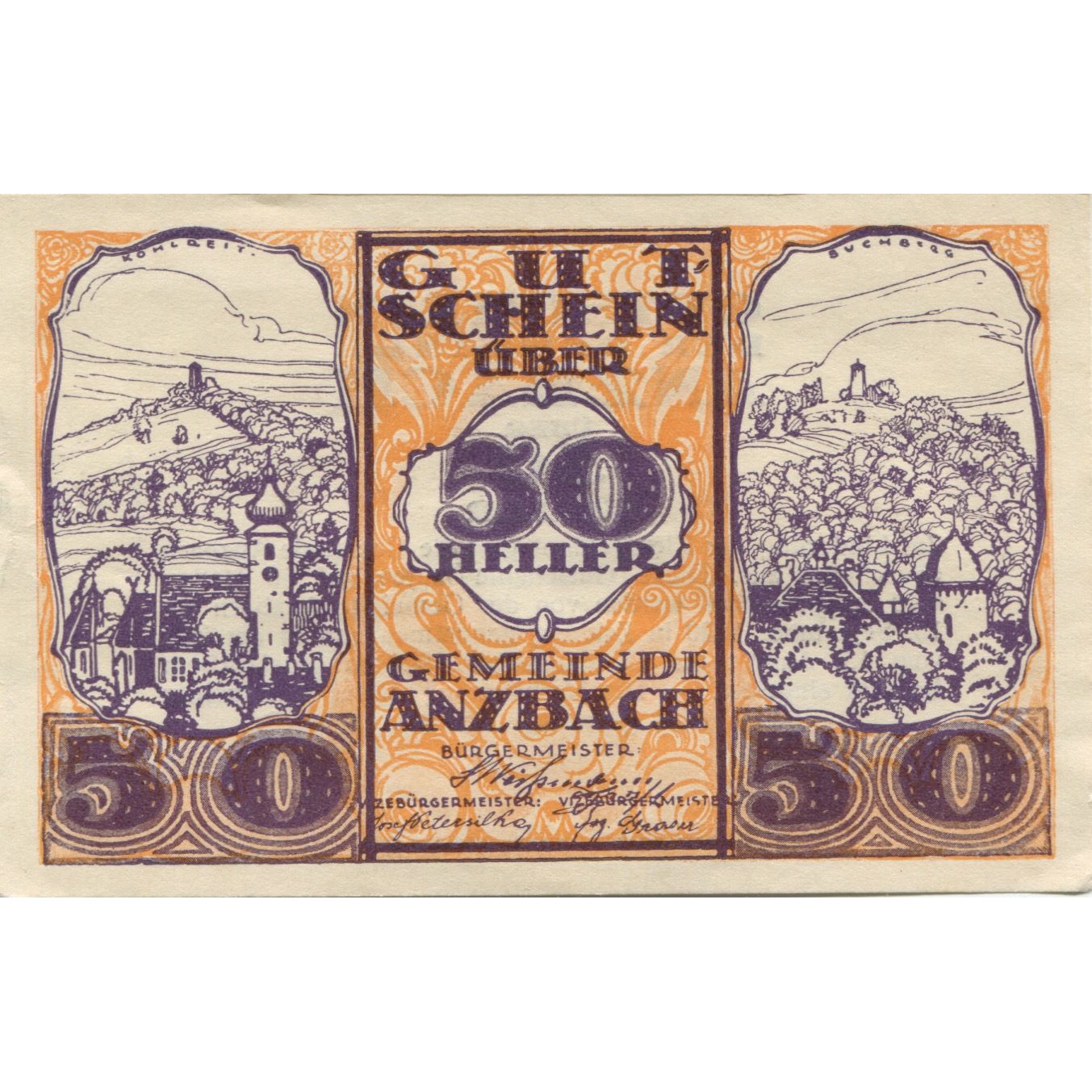 Billete, Austria, Anzbach, 50 Heller, Eglise 1920-09-15, SC Mehl:FS 48IAe