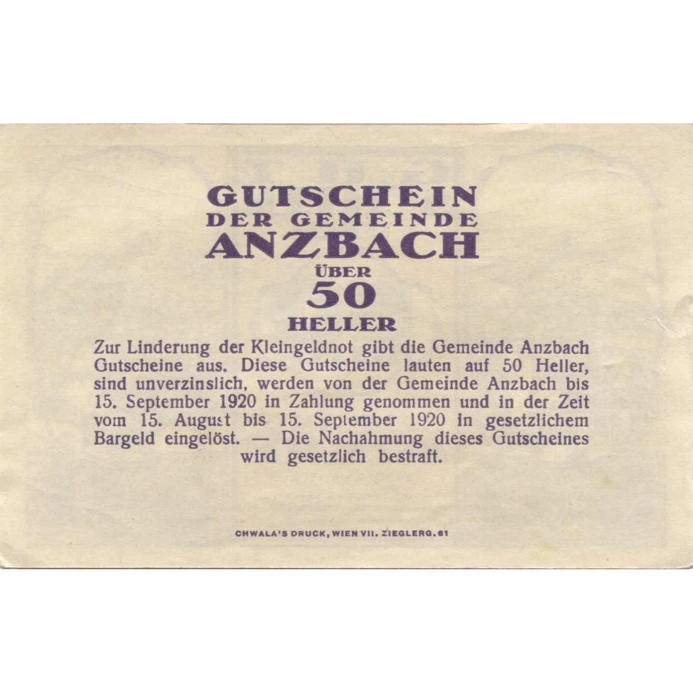 Billete, Austria, Anzbach, 50 Heller, Eglise 1920-09-15, SC Mehl:FS 48IAe