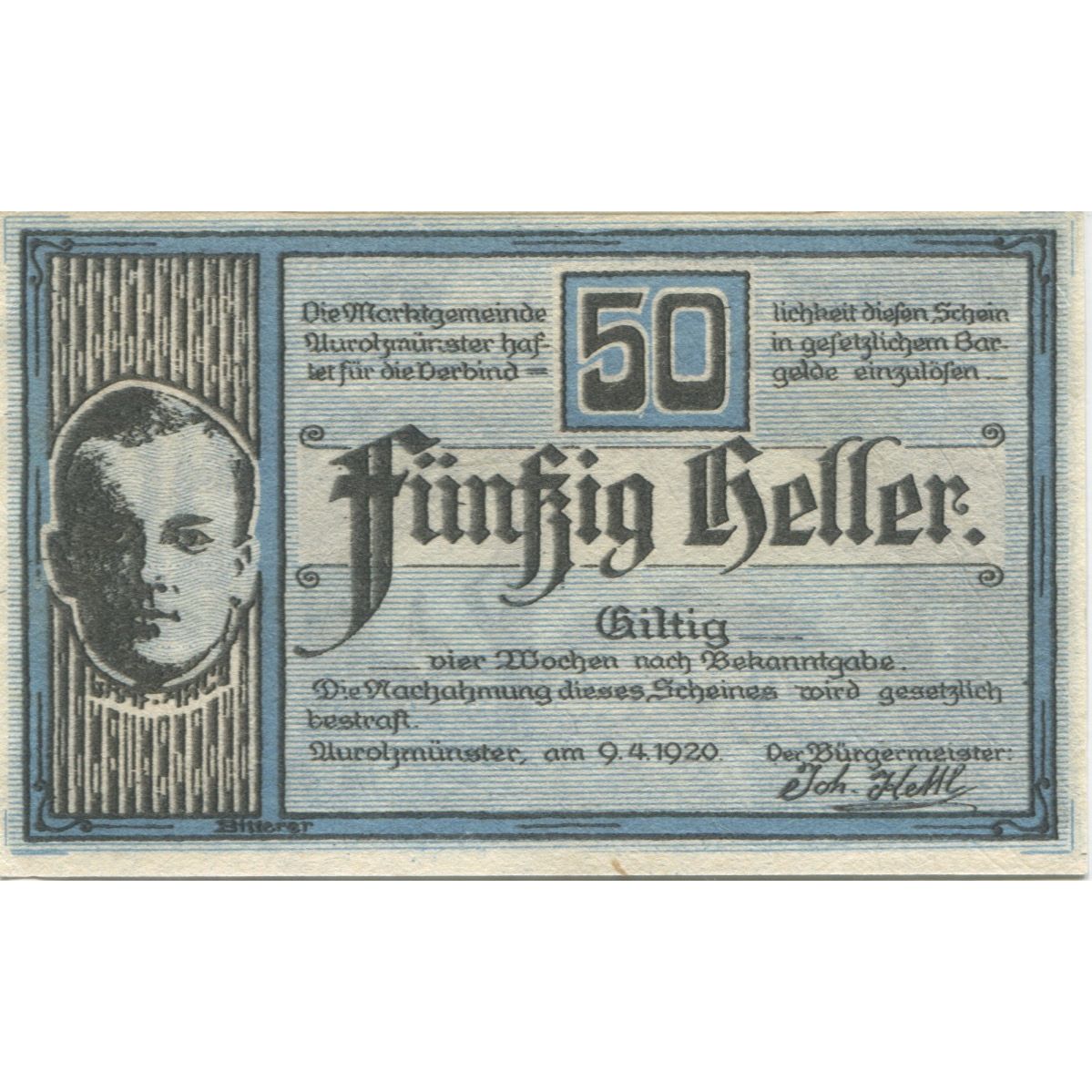 Banknote, Austria, Aurolzmunster, 50 Heller, portrait, 1920 UNC(63) Mehl:FS 69a