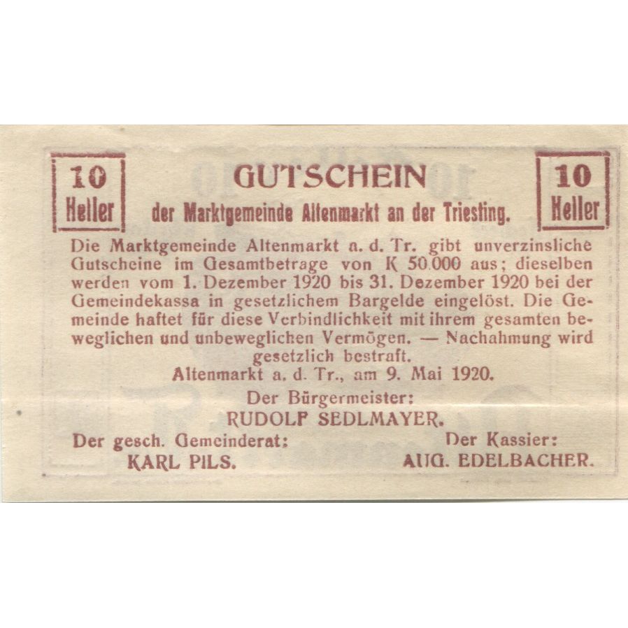 Banknote, Austria, Altenmarkt, 10 Heller, gare, 1920 UNC(63) Mehl:FS 29a
