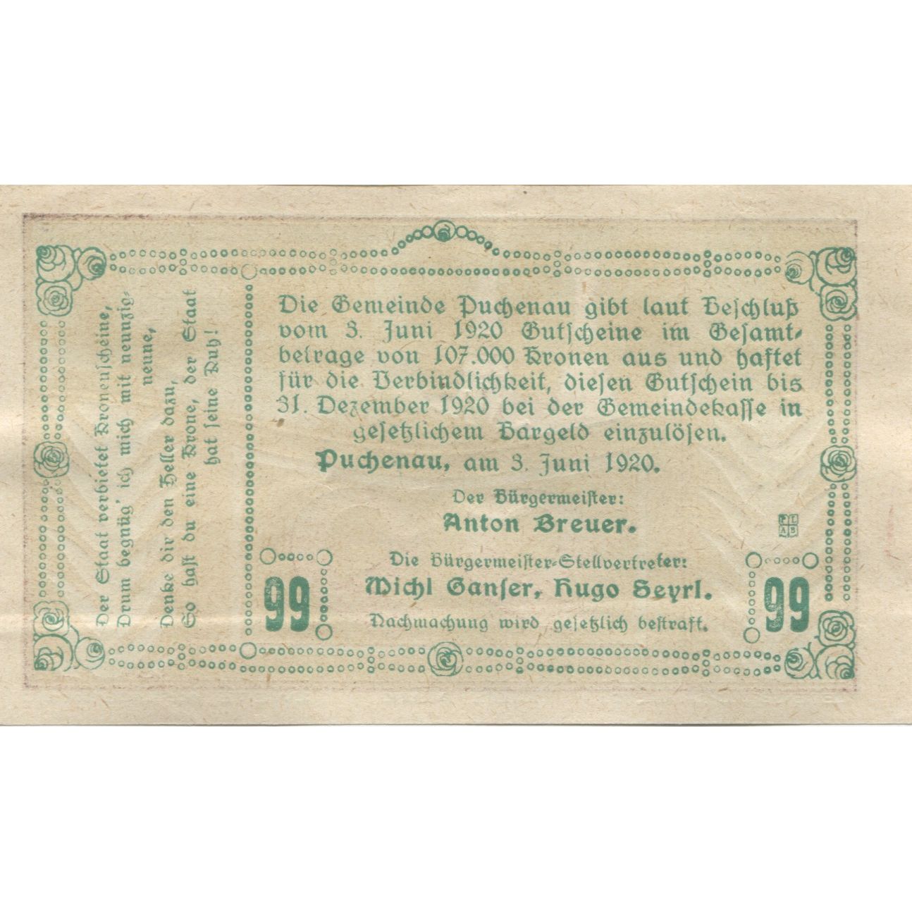 Banknote, Austria, Puchenau, 99 Heller, hibou, 1920 UNC(63) Mehl:FS 788
