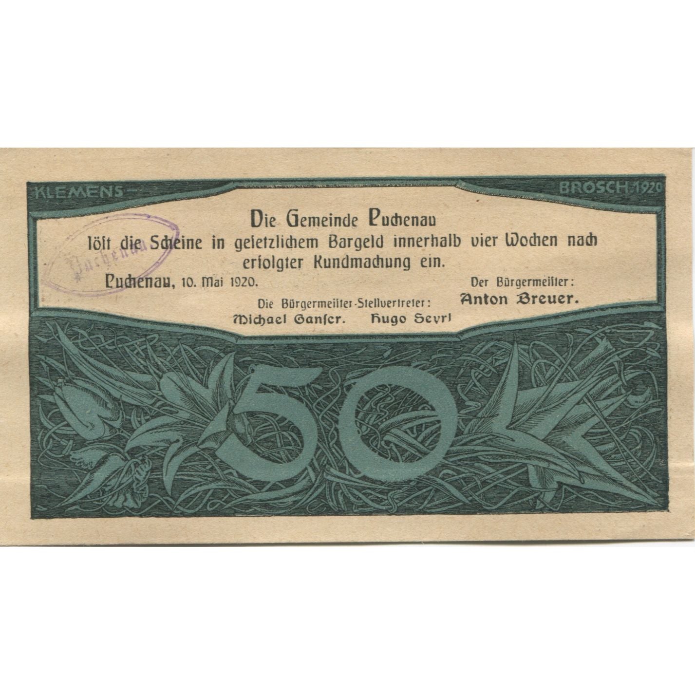 Banknote, Austria, Puchenau, 50 Heller, fleuve, 1920 UNC(63) Mehl:FS 788