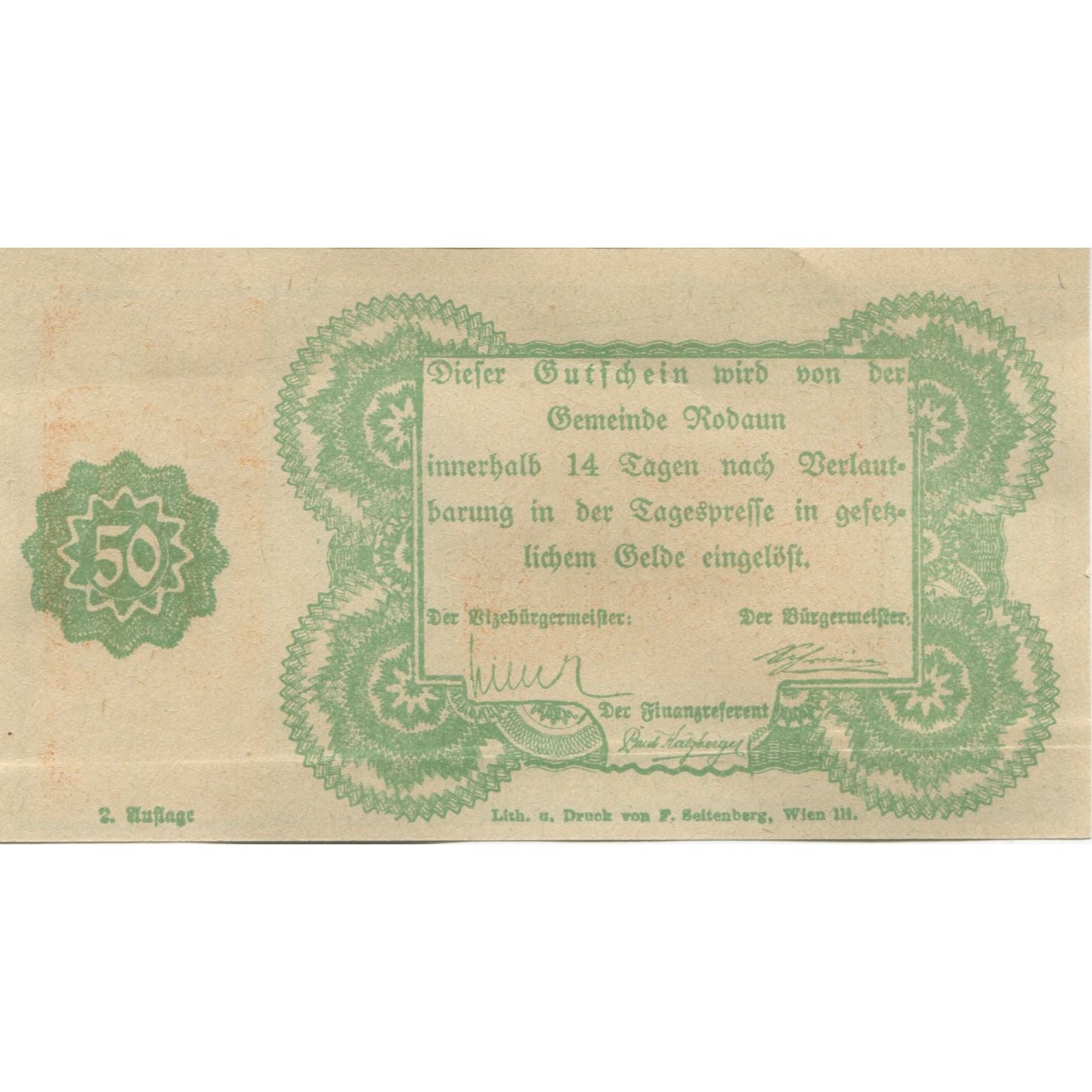 Banknote, Austria, Rodaun, 50 Heller, château, 1920, UNC(63), Mehl:FS 840IIc