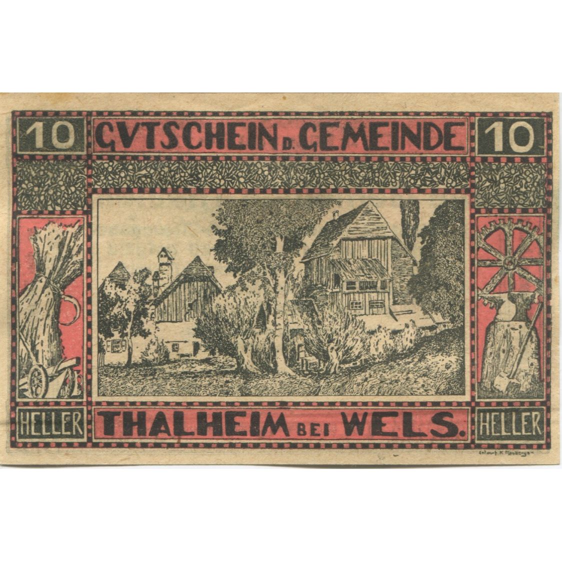 Banknote Austria Thalheim bei Wels 10 Heller, chalet, 1920 UNC(63) Mehl:FS 1066