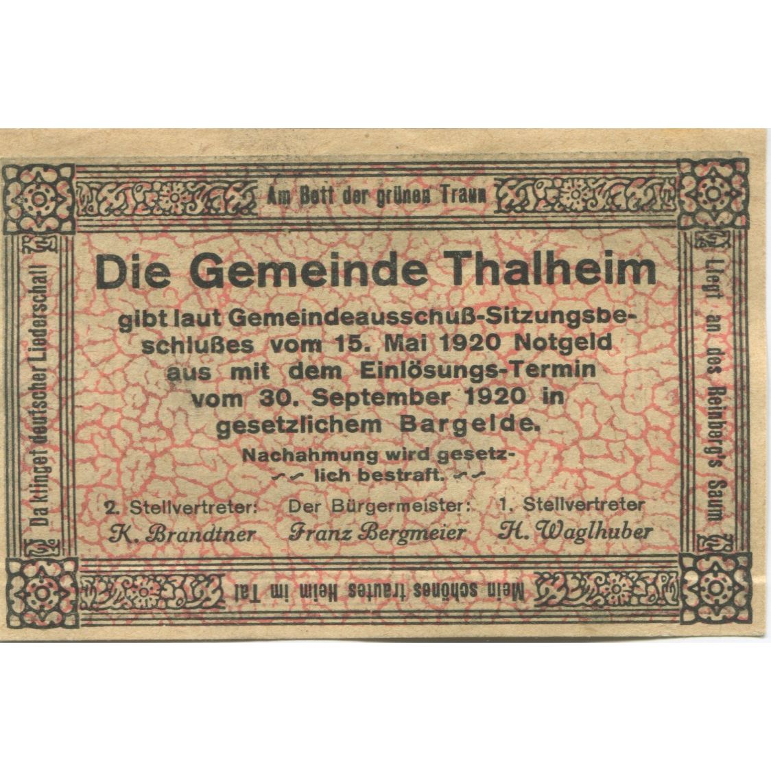 Banknote Austria Thalheim bei Wels 10 Heller, chalet, 1920 UNC(63) Mehl:FS 1066