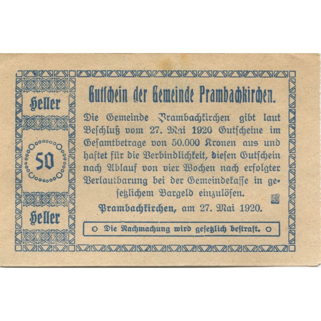 Banconote, Austria, Prambachkirchen 50 Heller château 1920, SPL Mehl:FS 779a