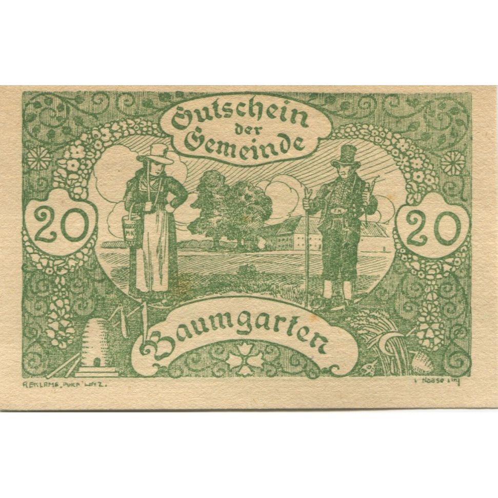 Banknote, Austria, Baumgarten, 20 Heller, personnage, 1921 UNC(63) Mehl:FS 78b