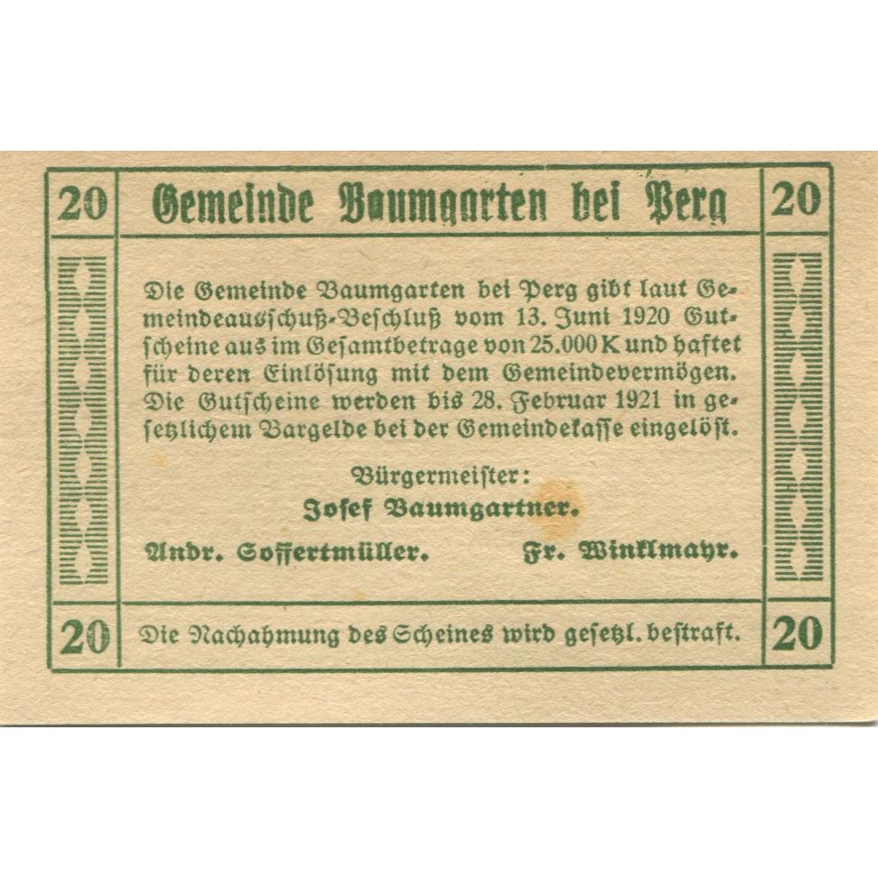 Banknote, Austria, Baumgarten, 20 Heller, personnage, 1921 UNC(63) Mehl:FS 78b
