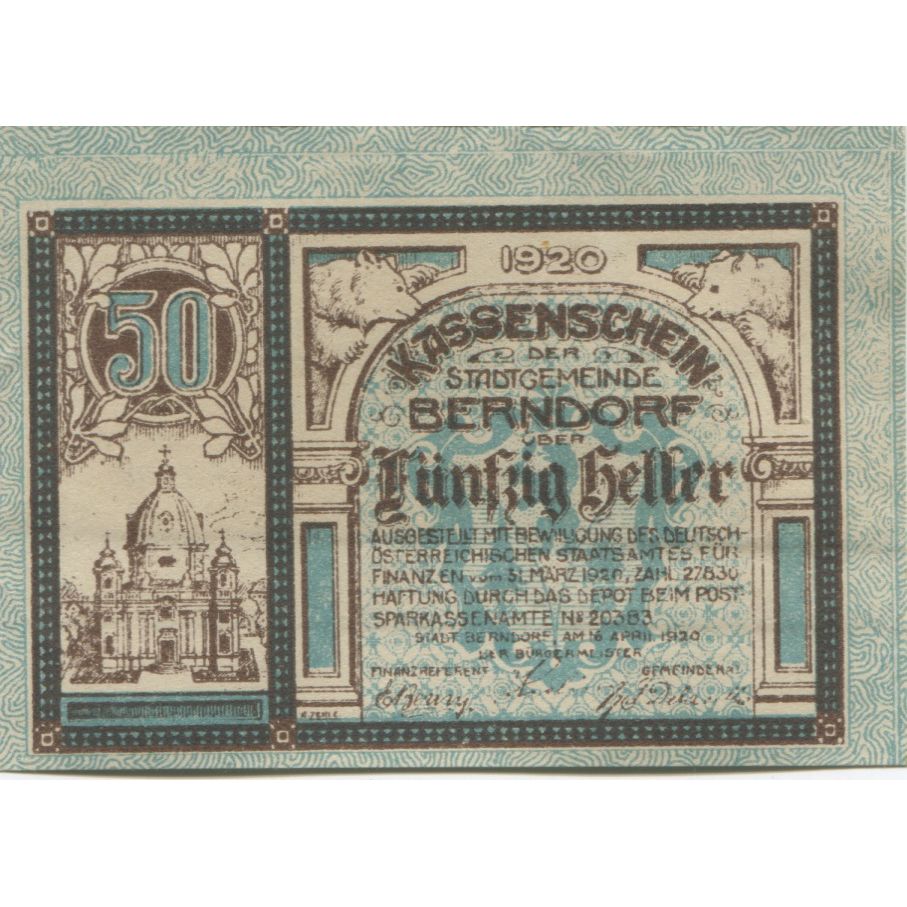 Banknote, Austria, Berndorf, 50 Heller, château, 1920 UNC(63) Mehl:FS 83a