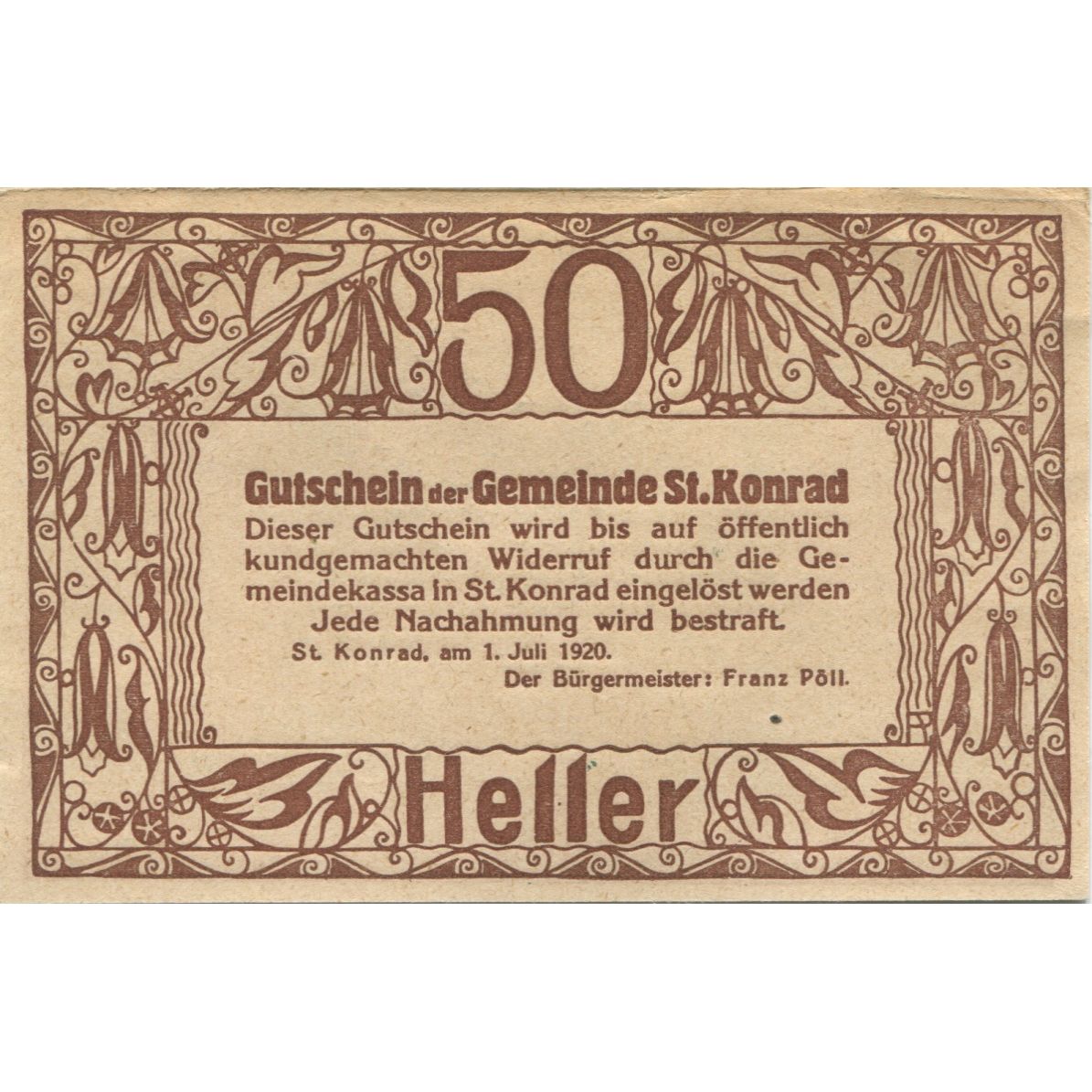 Banknote, Austria, ST KONRAD, 50 Heller, village, 1920, UNC(63), Mehl:FS 899
