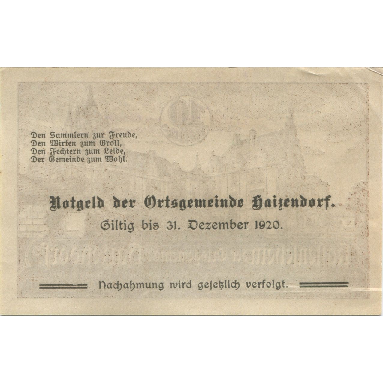 Geldschein, Österreich, Haizendorf, 10 Heller, château, 1920 UNZ- Mehl:FS 341Ia