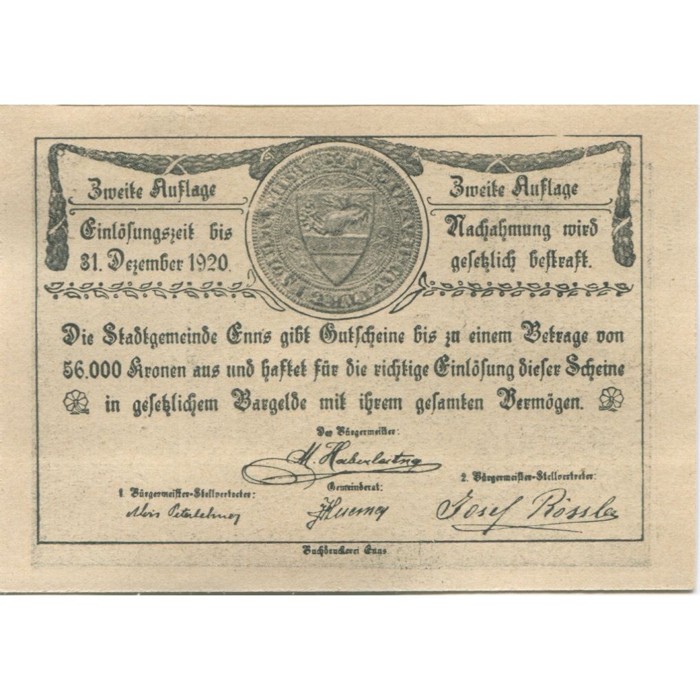 Billete, Austria, Enns, 20 Heller, rue, 1920, 1920-12-31, SC, Mehl:FS 174IIa