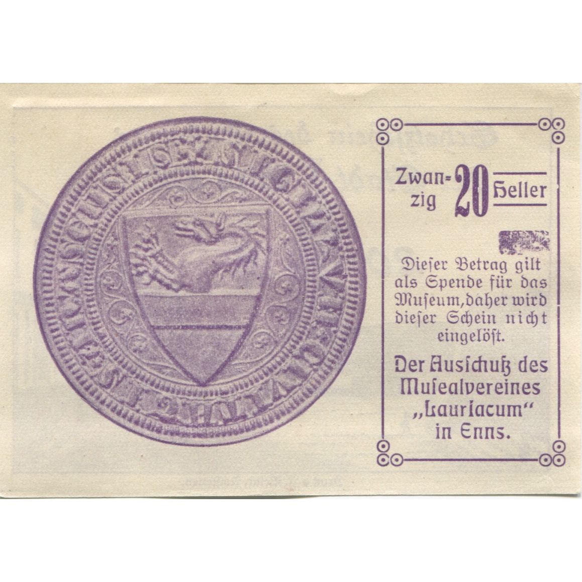 Billete, Austria, Enns, 20 Heller, place, 1920, SC, Mehl:FS 176c