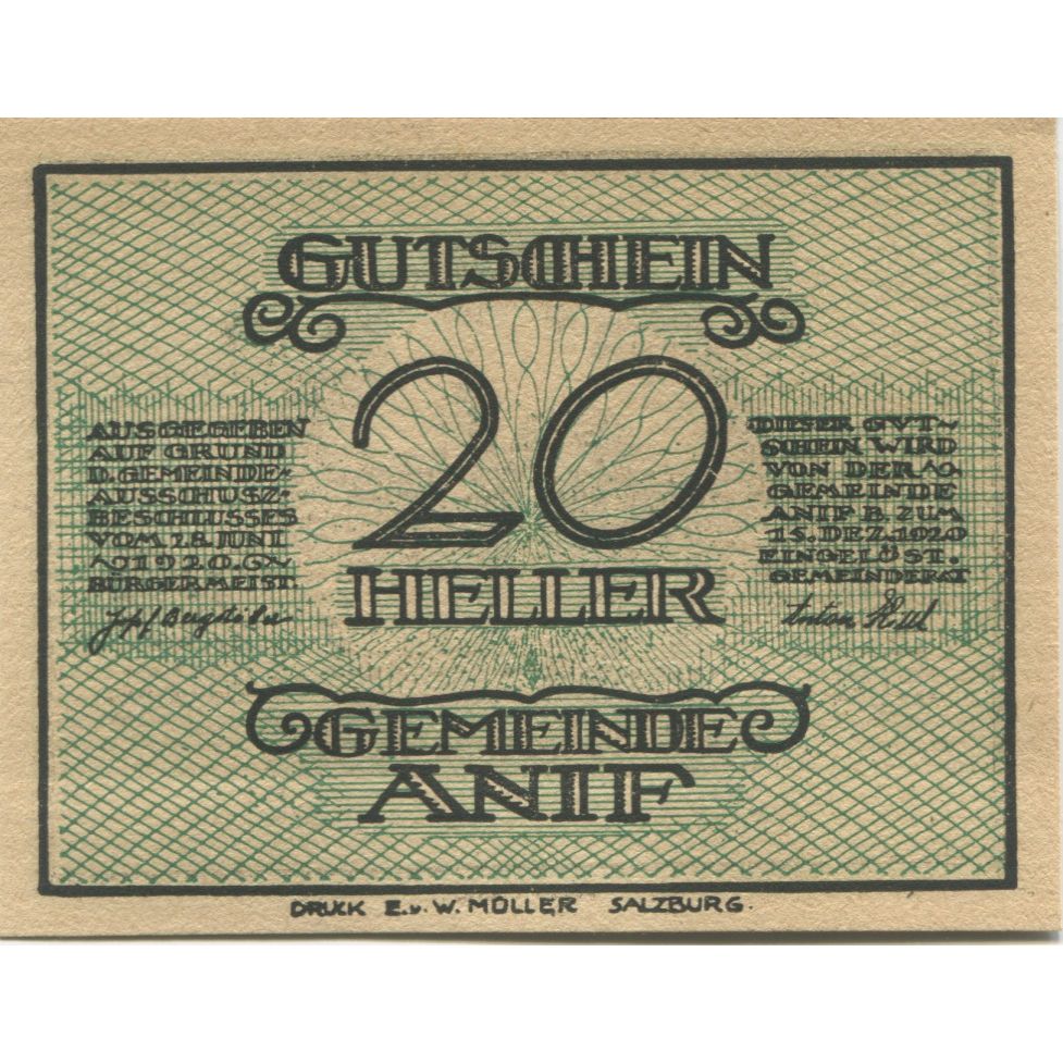 Banconote, Austria, Anif, 20 Heller, château 1920-12-15, SPL Mehl:FS 43a