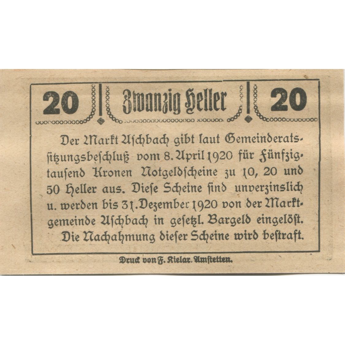 Banconote, Austria, Aschbach, 20 Heller, Eglise 1920-12-31, SPL, Mehl:FS 55c