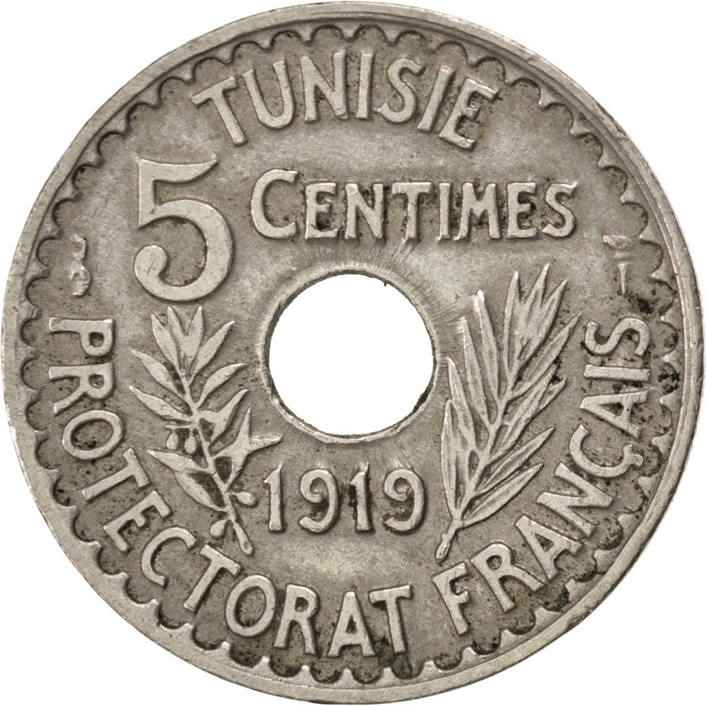 TUNISIA, 5 Centimes, 1919, Paris, KM #242, EF(40-45), Nickel-Bronze, 19, 2.98