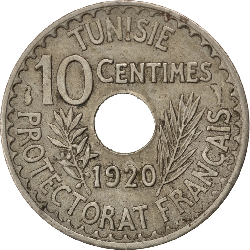 TUNISIA, 10 Centimes, 1920, Paris, KM #243, AU(50-53), Nickel-Bronze, Lecompte..