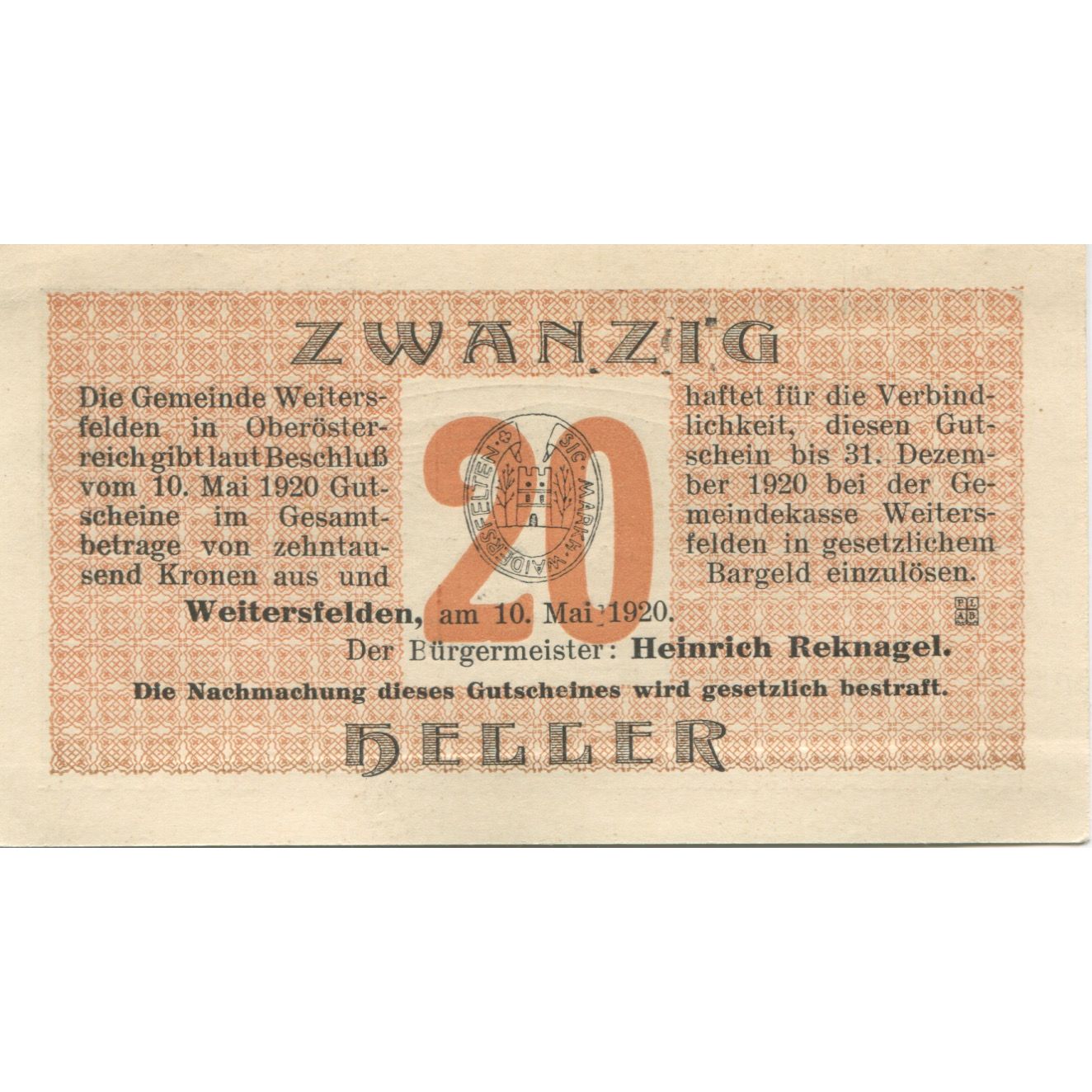 Banknote, Austria, Weitersfelden, 20 Heller, paysage, 1920 UNC(63) Mehl:FS 1164a