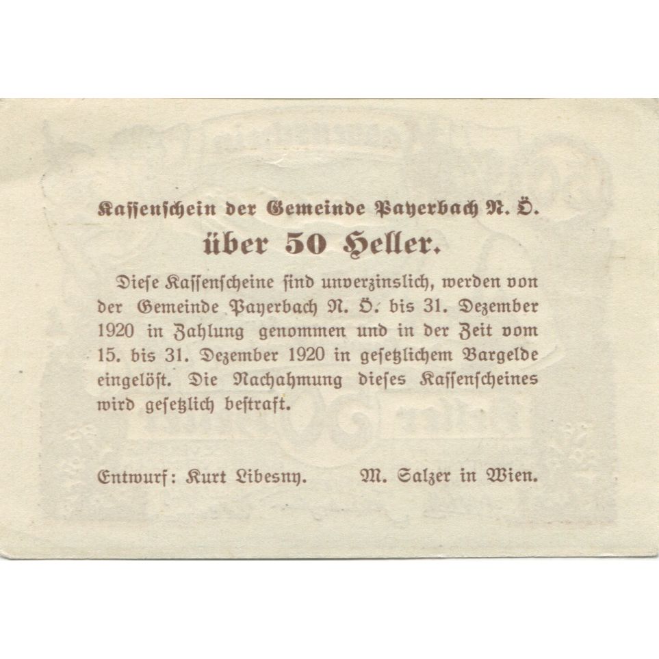Banknote, Austria, Payerbach, 50 Heller, paysage, 1920 UNC(63) Mehl:FS 725