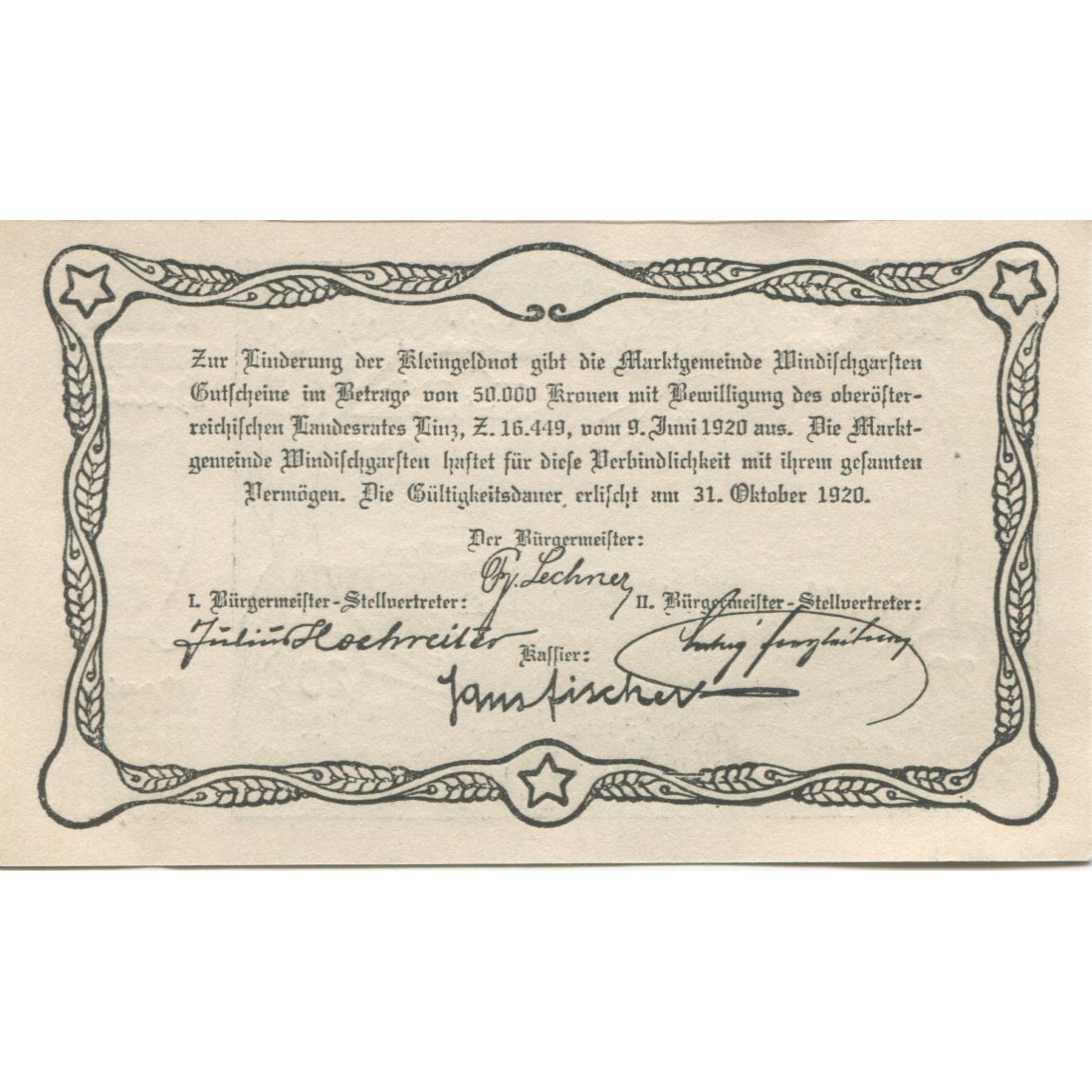 Billete, Austria, Windischgarsten, 20 Heller, montagne, 1920 SC Mehl:FS 1245