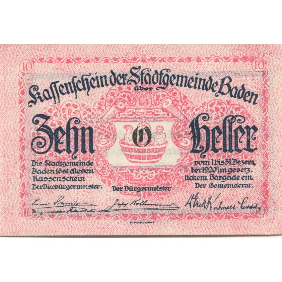 Billete, Austria, Baden, 10 Heller, valeur faciale, 1920 SC Mehl:FS 74a
