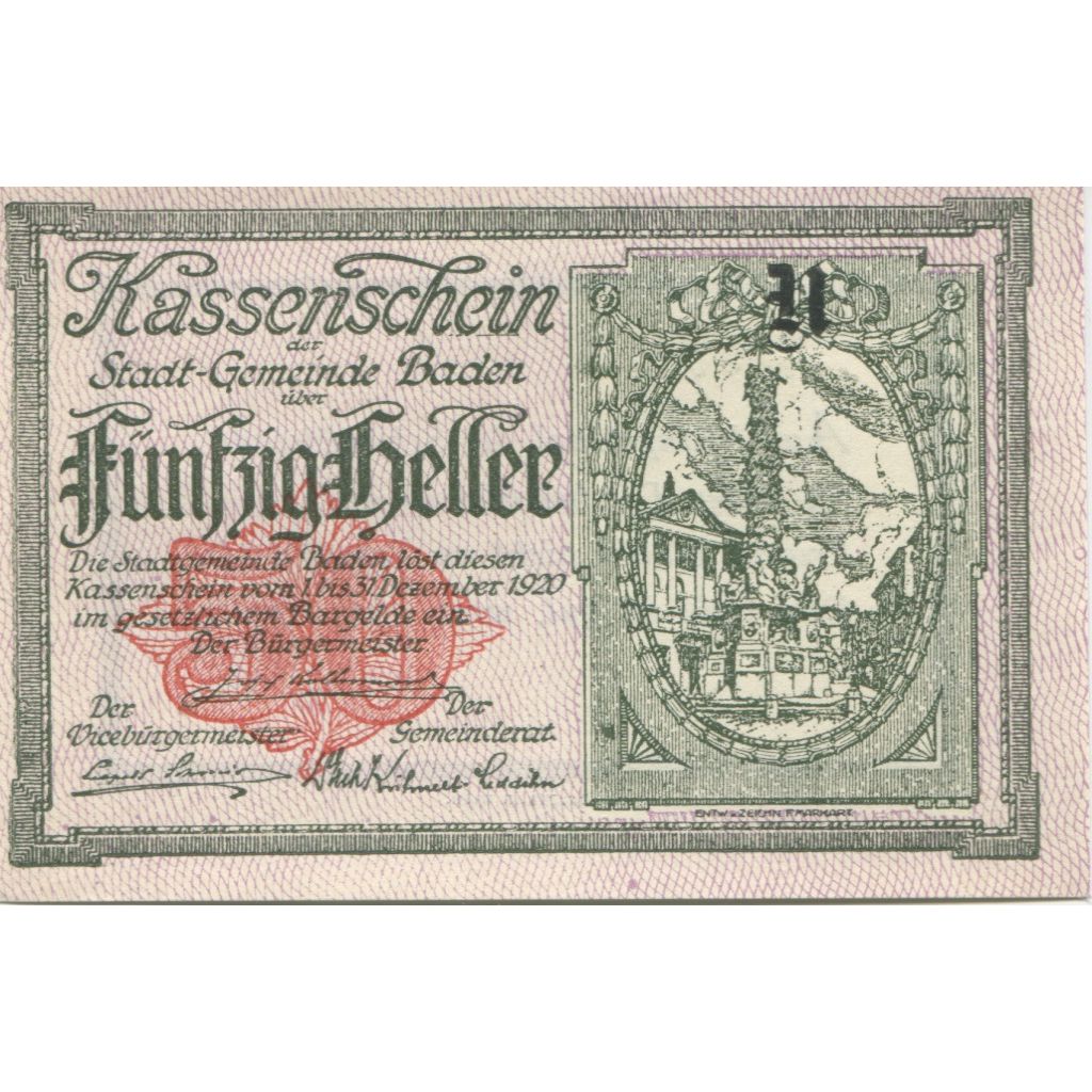 Banknote, Austria, Baden, 50 Heller, Monument, 1920 UNC(63) Mehl:FS 74a