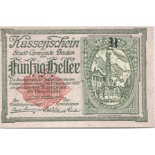 Banknote, Austria, Baden, 50 Heller, Monument, 1920 UNC(63) Mehl:FS 74a