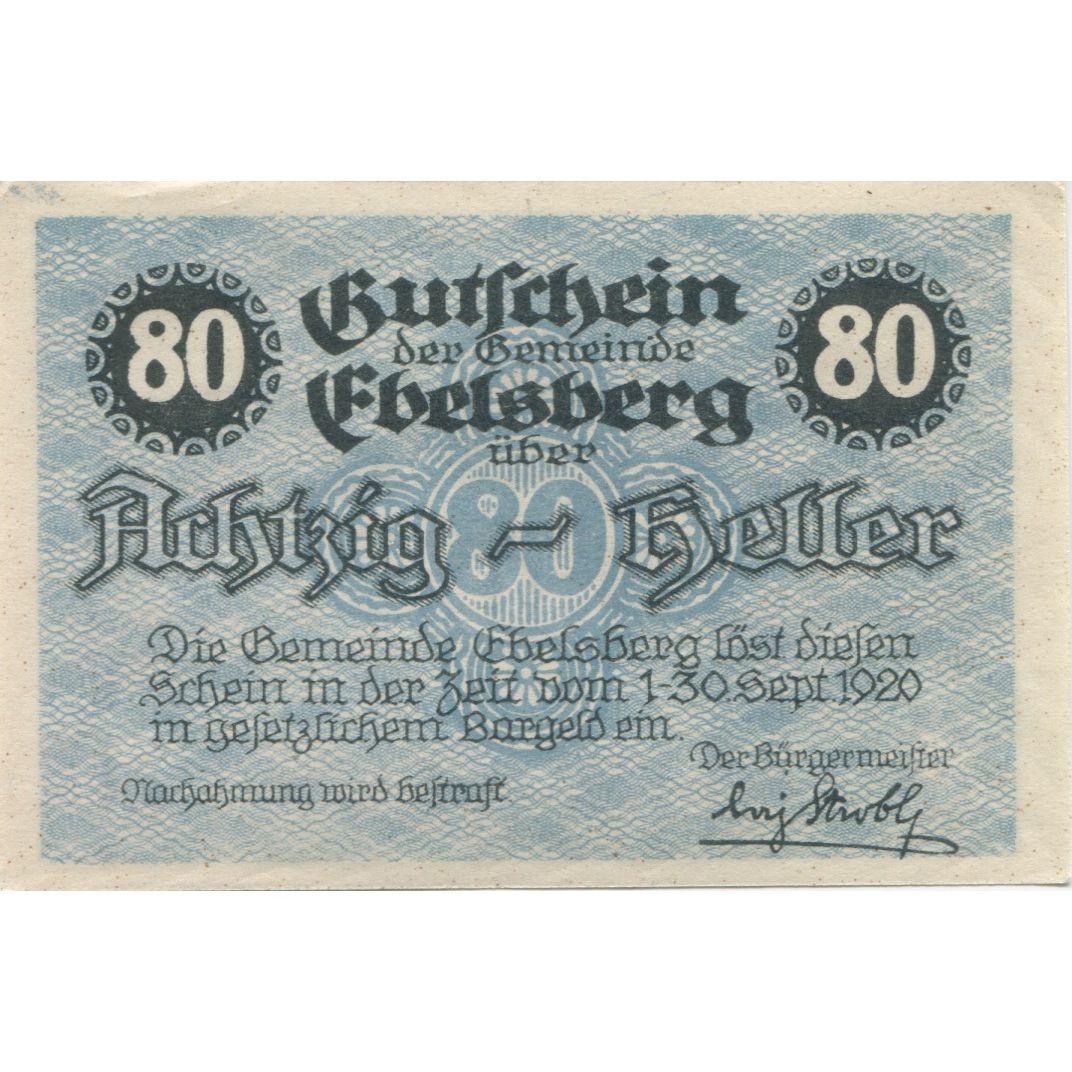Billete, Austria, Ebelsberg, 80 Heller, fleuve 1920-09-30, SC Mehl:FS 140II
