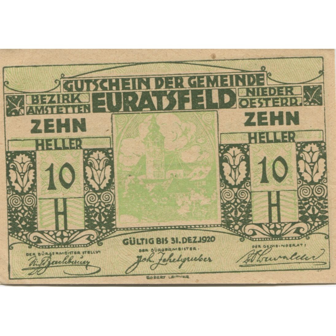 Billete, Austria, Euratsfeld, 10 Heller, Eglise 1920-12-31, SC, Mehl:FS 192b