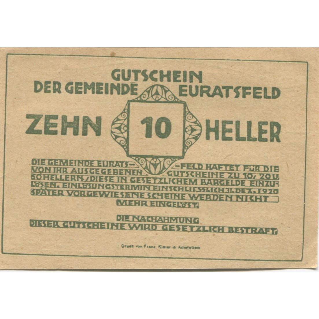 Billete, Austria, Euratsfeld, 10 Heller, Eglise 1920-12-31, SC, Mehl:FS 192b