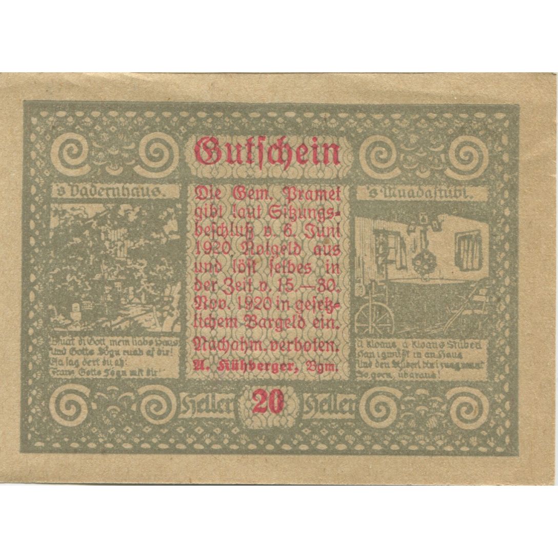 Banknote, Austria, Pramet, 20 Heller, portrait, 1920 UNC(63) Mehl:FS 781a