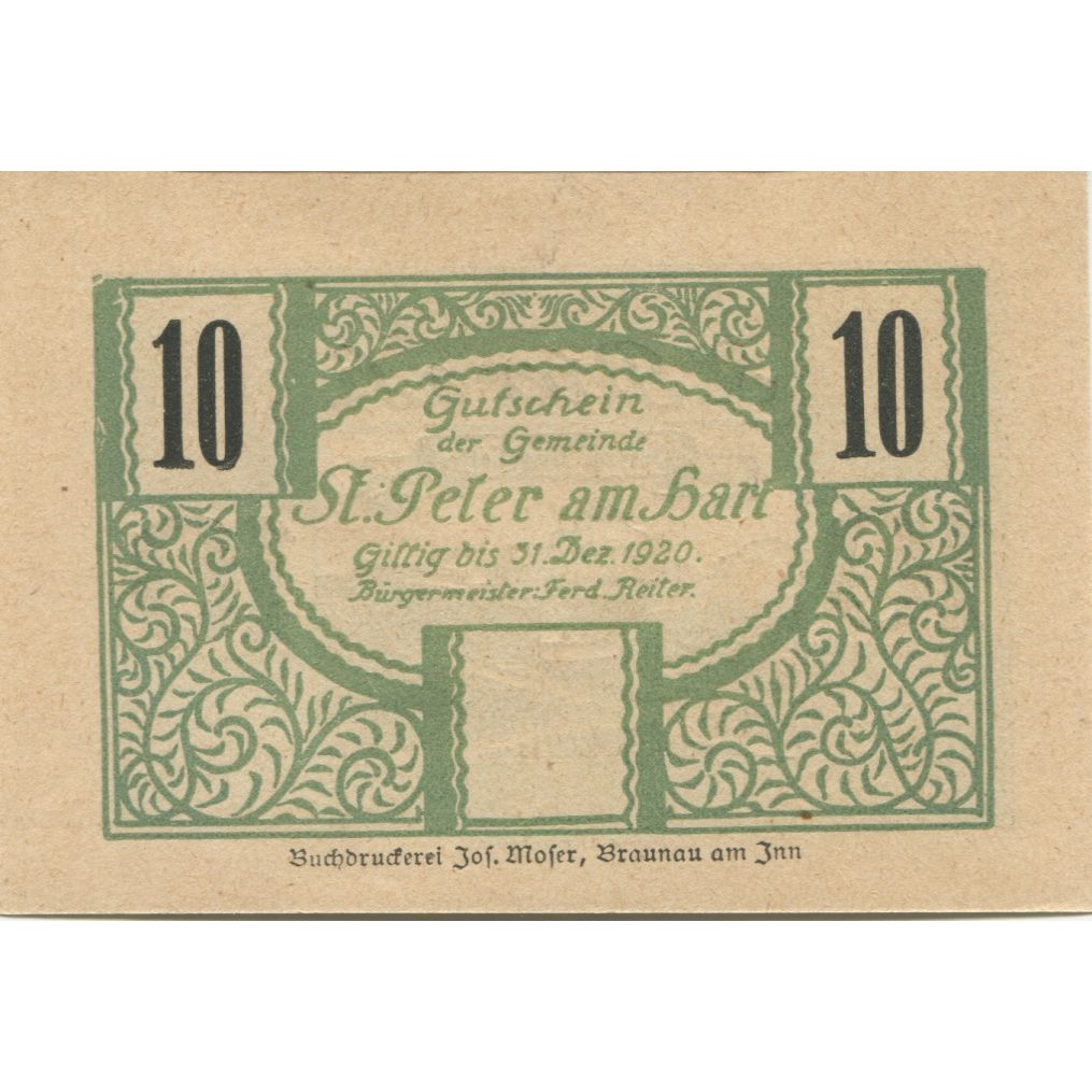 Billete, Austria, St Peter am Hart, 10 Heller, château, 1920 SC Mehl:FS 925b