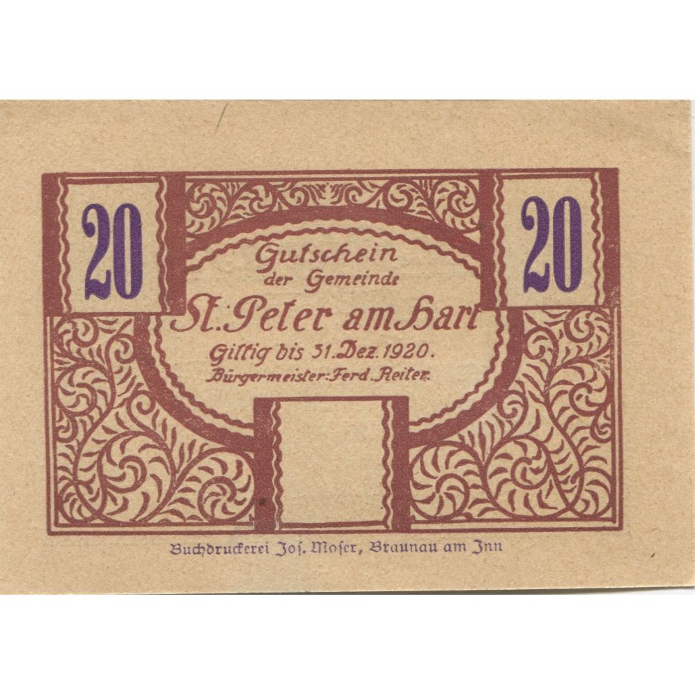 Billet, Autriche, St Peter am Hart, 20 Heller, château 1920 SPL Mehl:FS 925b