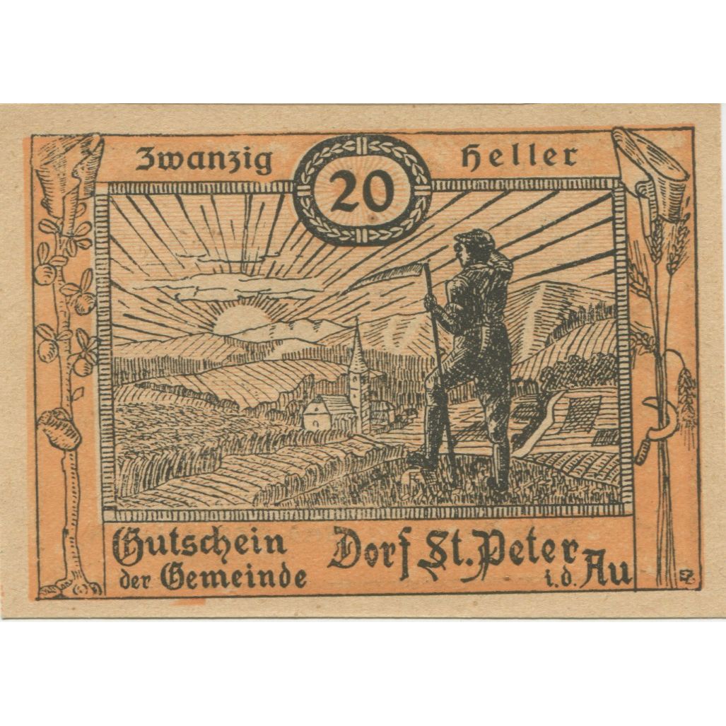 Billete, Austria, St Peter in der Au, 20 Heller, paysage, 1920 SC Mehl:FS 923