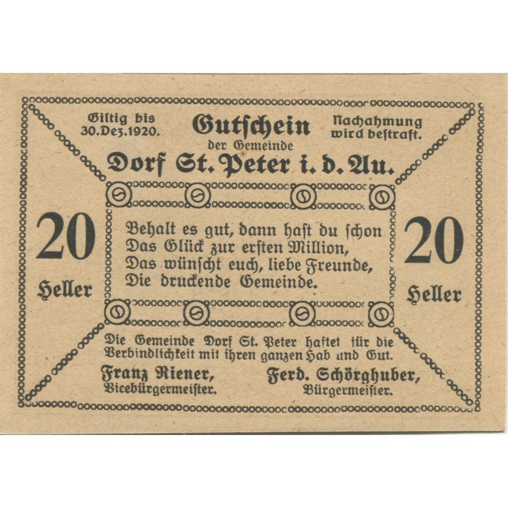 Billete, Austria, St Peter in der Au, 20 Heller, paysage, 1920 SC Mehl:FS 923