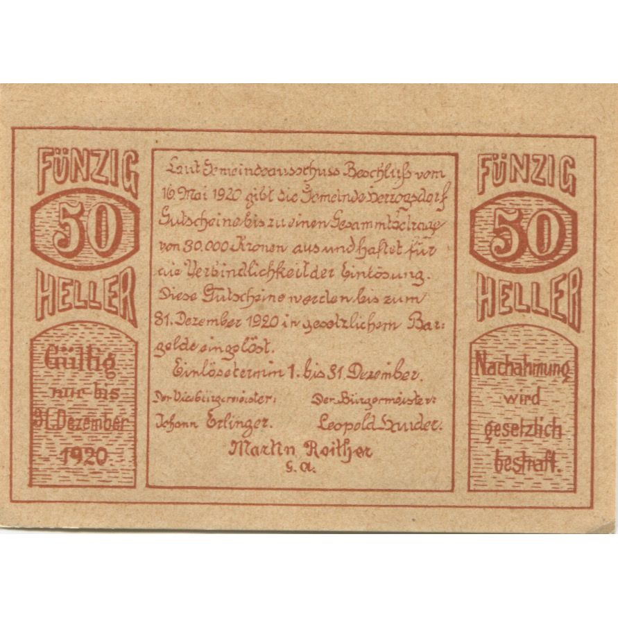 Billet, Autriche, Herzogsdorf, 50 Heller, Eglise 1920-12-31, SPL Mehl:FS 373I