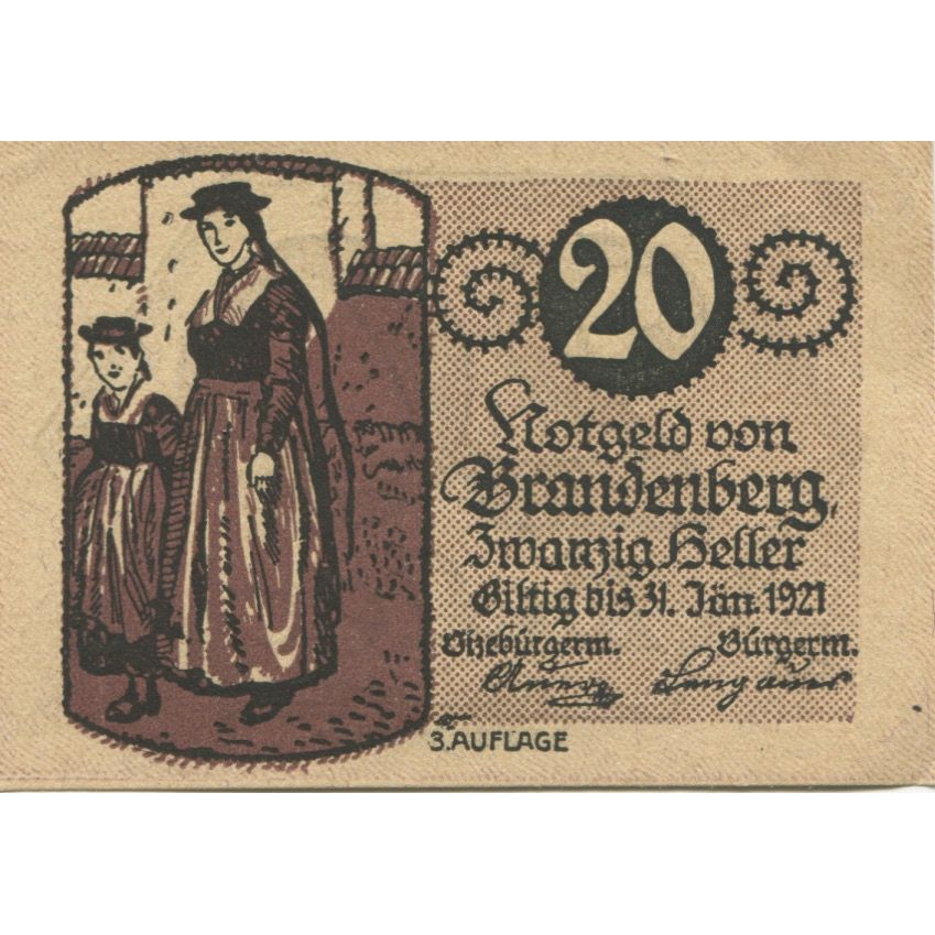 Billet, Autriche, Brandenberg, 20 Heller, personnage 1920-12-31, SPL Mehl:FS 99c