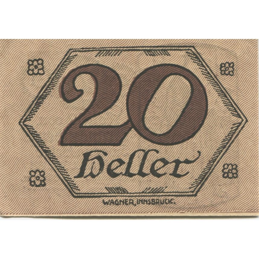 Billet, Autriche, Brandenberg, 20 Heller, personnage 1920-12-31, SPL Mehl:FS 99c