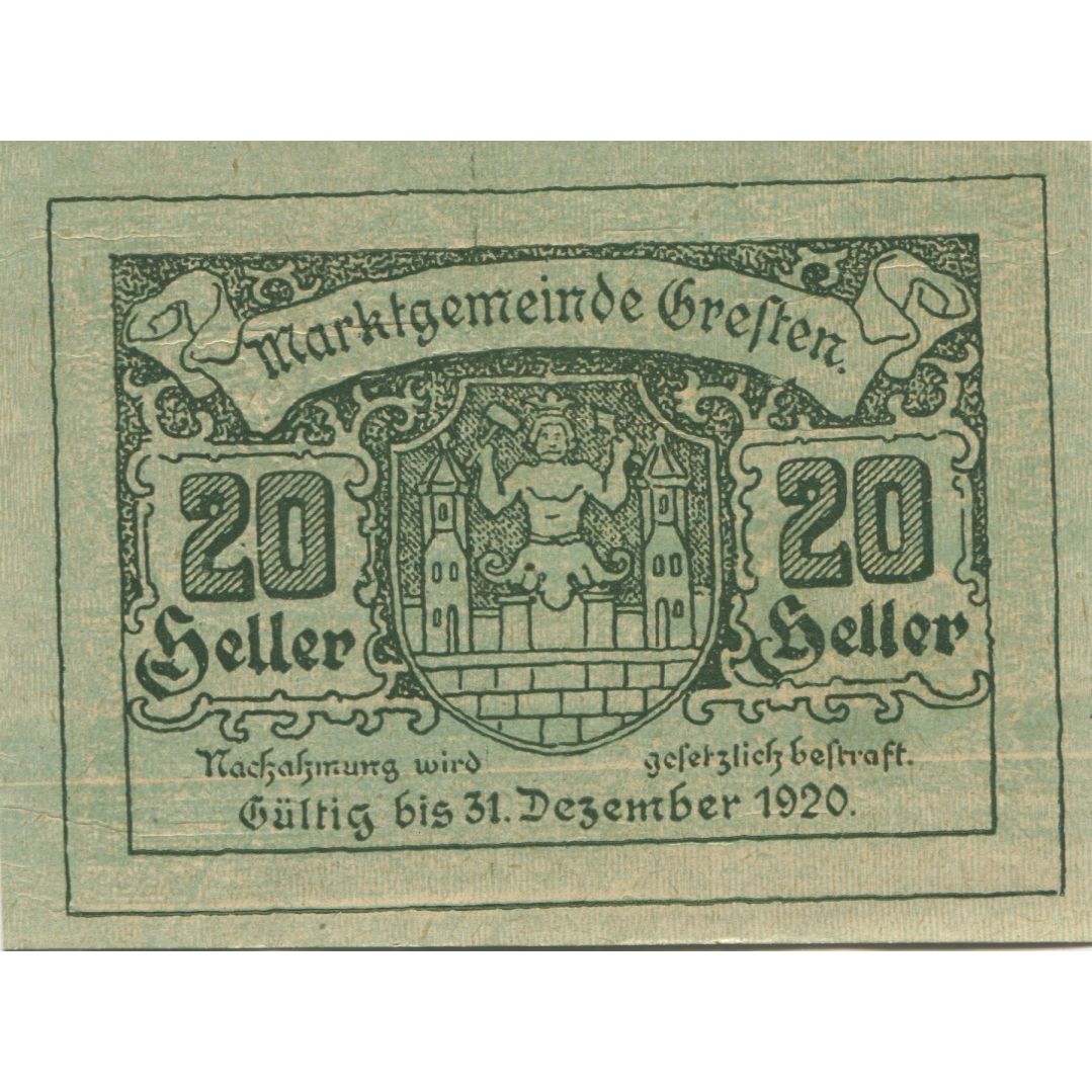 Nota, Áustria, Gresten, 20 Heller, Eglise 1920-12-31, UNC(63), Mehl:FS 278