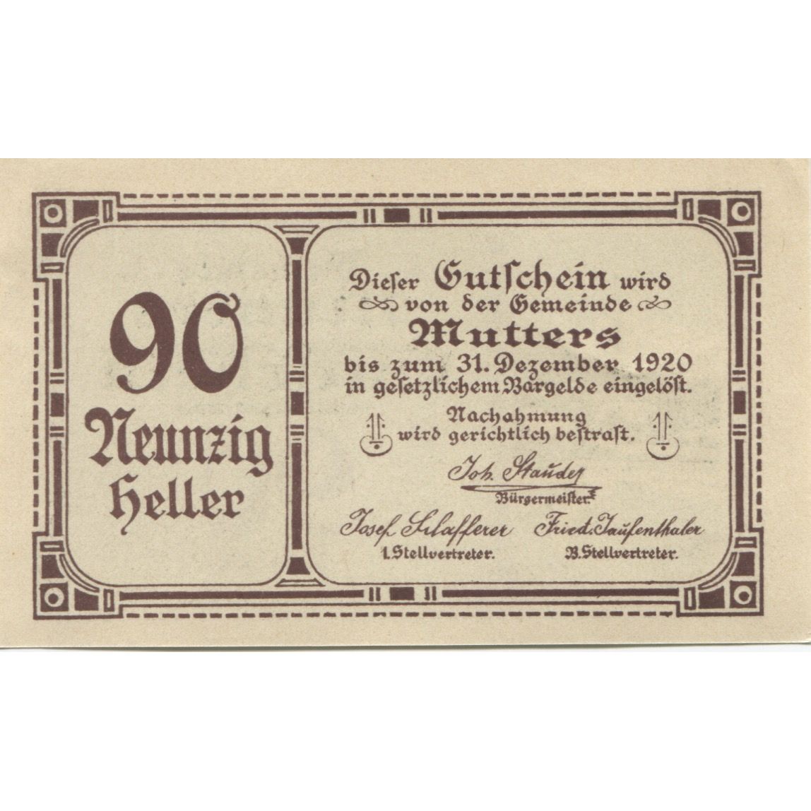 Banknote, Austria, Mutters, 90 Heller, village, 1920 UNC(63) Mehl:FS 641a
