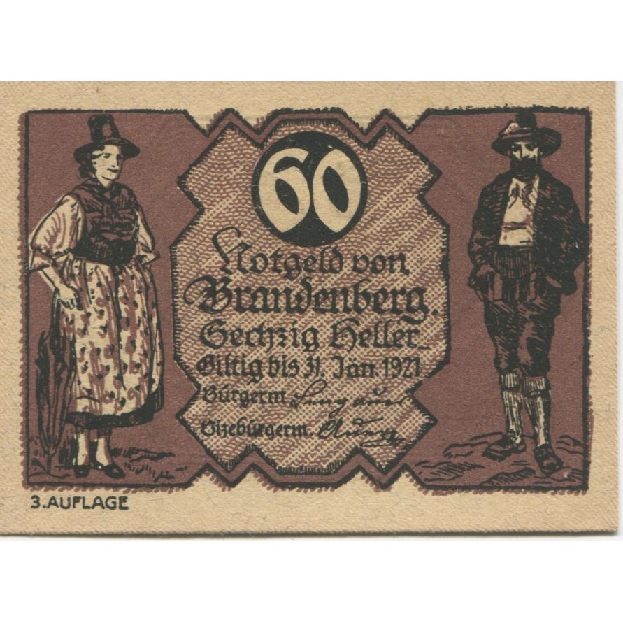 Nota, Áustria, Brandenberg, 60 Heller personnage 1920-12-31, UNC(63) Mehl:FS 99c