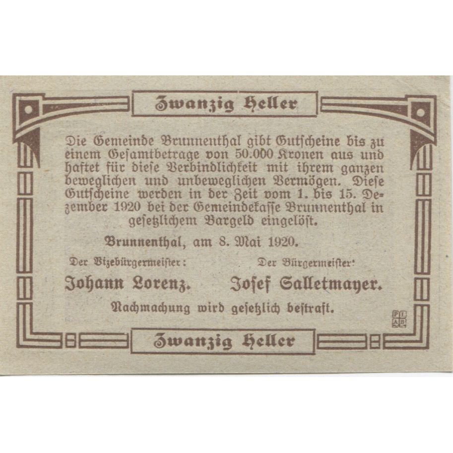 Billet, Autriche, Brunnenthal, 20 Heller, blé 1920-12-15, SPL, Mehl:FS 111a